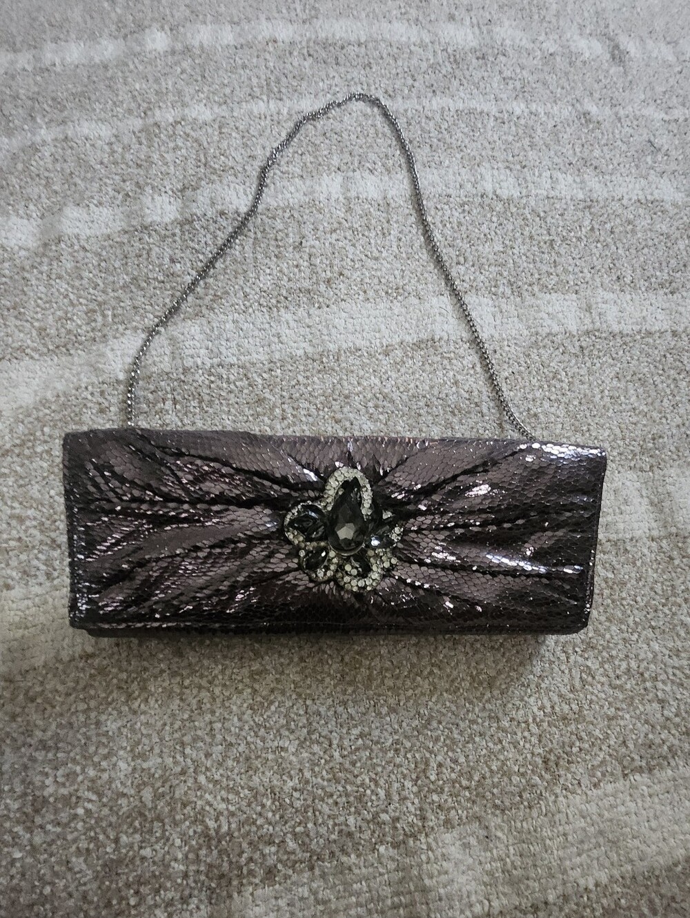 & Other Stories Metallic Purple Sequin Evening Clutch with Jewel Accent